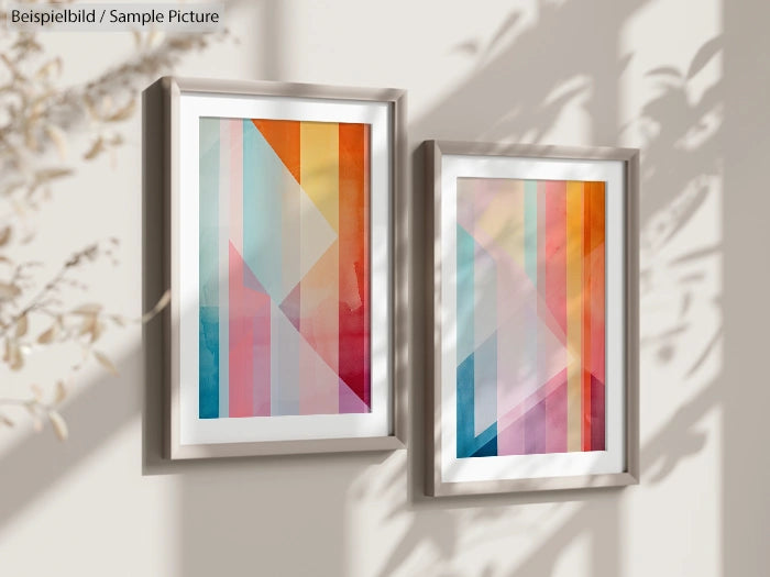 Two framed abstract paintings with geometric patterns in warm shades, hung on a wall with soft shadow patterns.