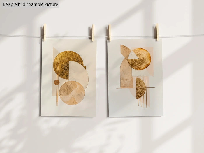 Two abstract geometric art prints featuring circles and angles in golden tones, hanging on a line with clips.