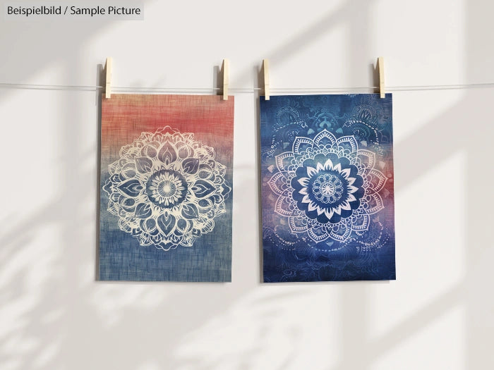 Two mandala art prints, one with intricate patterns on a gradient background, hanging on a line with clothespins.