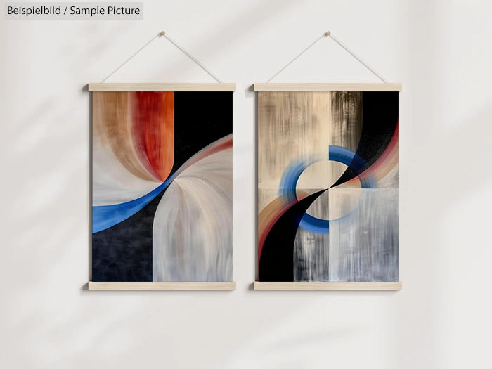 Two abstract paintings with curved shapes in blue, red, and black tones on canvas frames.