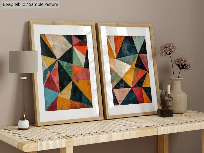 Two framed geometric abstract art pieces on a wooden console with a lamp and decorative items.