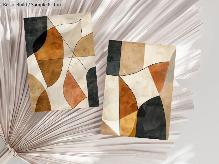 Two abstract art prints on a textured background with geometric earthy tones and organic shapes.