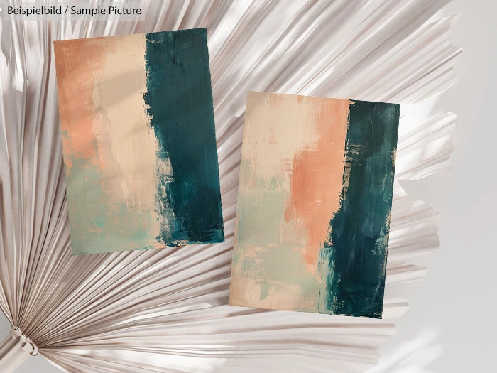 Twin abstract paintings with earthy shades of peach and emerald on a textured background of folded metallic leaves.