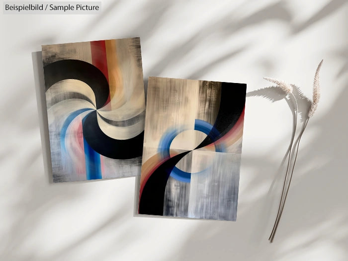 Two abstract paintings with curved geometric designs on a sunlit surface, accompanied by delicate dried flowers.