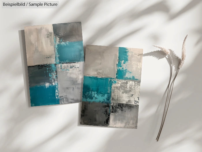 Abstract paintings with blocks of blue, gray, and white colors on a light surface with shadows and dried plants.