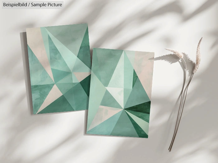 Two geometric artworks with green and beige triangles on paper, placed on a white surface with natural shadows.