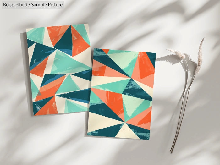 Two abstract geometric artworks with orange, teal, and cream triangles on a light background, alongside dried grasses.