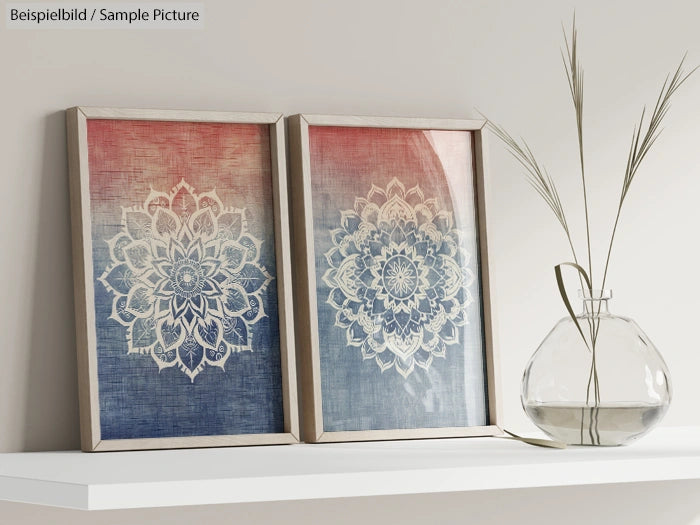 Two framed mandala prints with red and blue gradients on a shelf next to a vase holding dried plants.