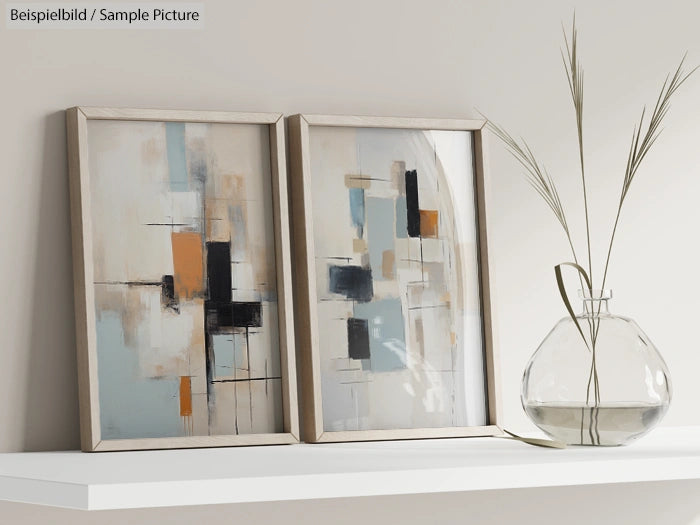 Two framed abstract paintings with geometric shapes in beige, black, and orange tones on a shelf beside a clear vase.