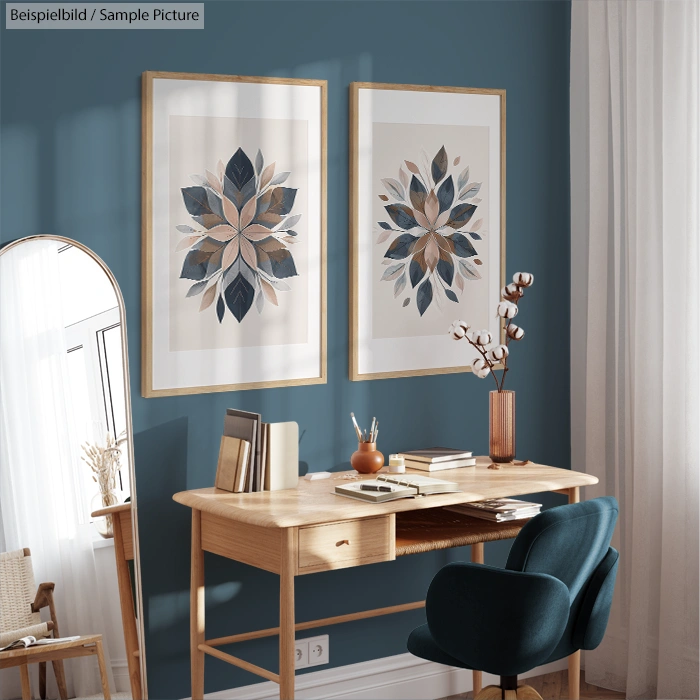 Stylish home office with wooden desk, blue chair, floral wall art, and decorative mirror on blue accent wall.