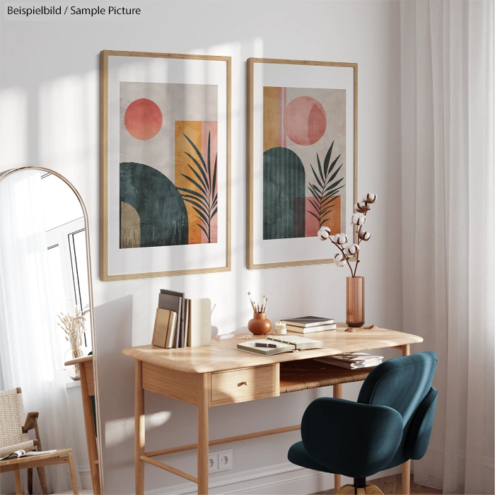 Modern home office with abstract art, wooden desk, blue chair, and tall plant in a sunlight-filled room.