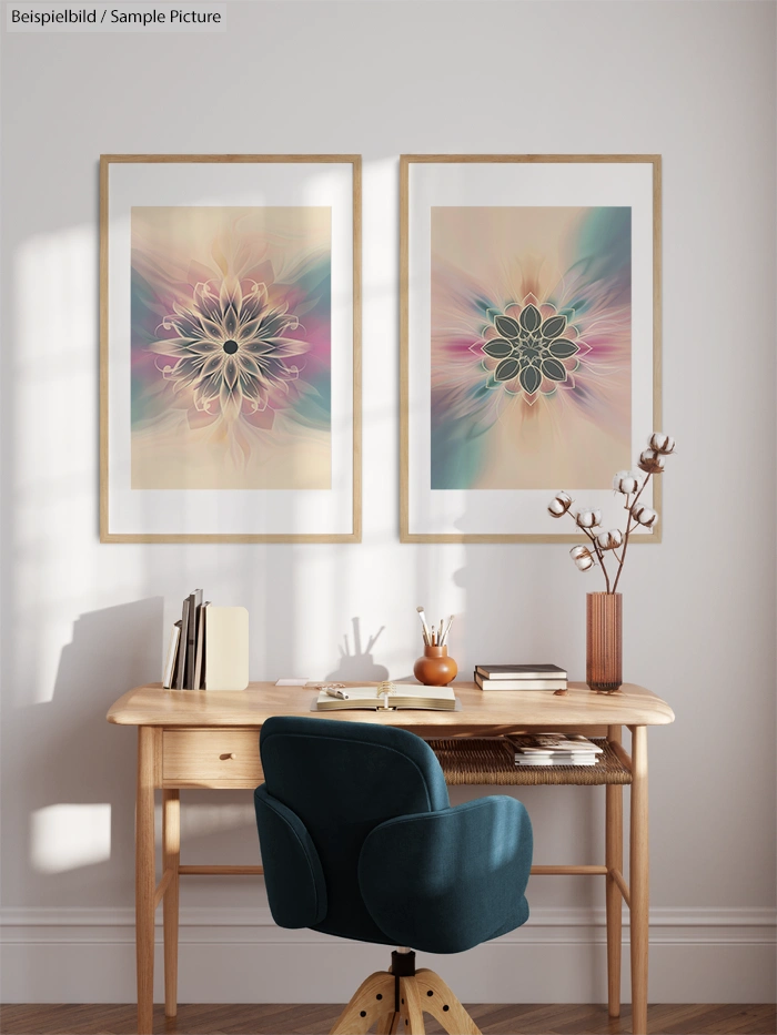 Home office setup with two framed abstract artworks on the wall, wooden desk, teal chair, and vase with flowers.