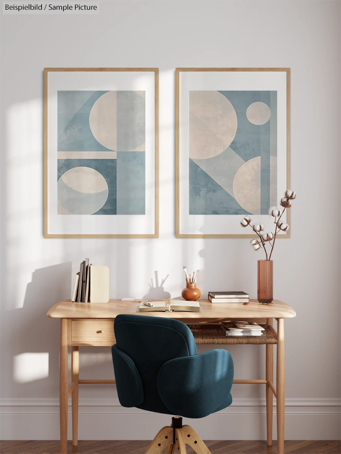 Minimalist desk setup with wooden table, teal chair, books, and geometric art prints on a wall.