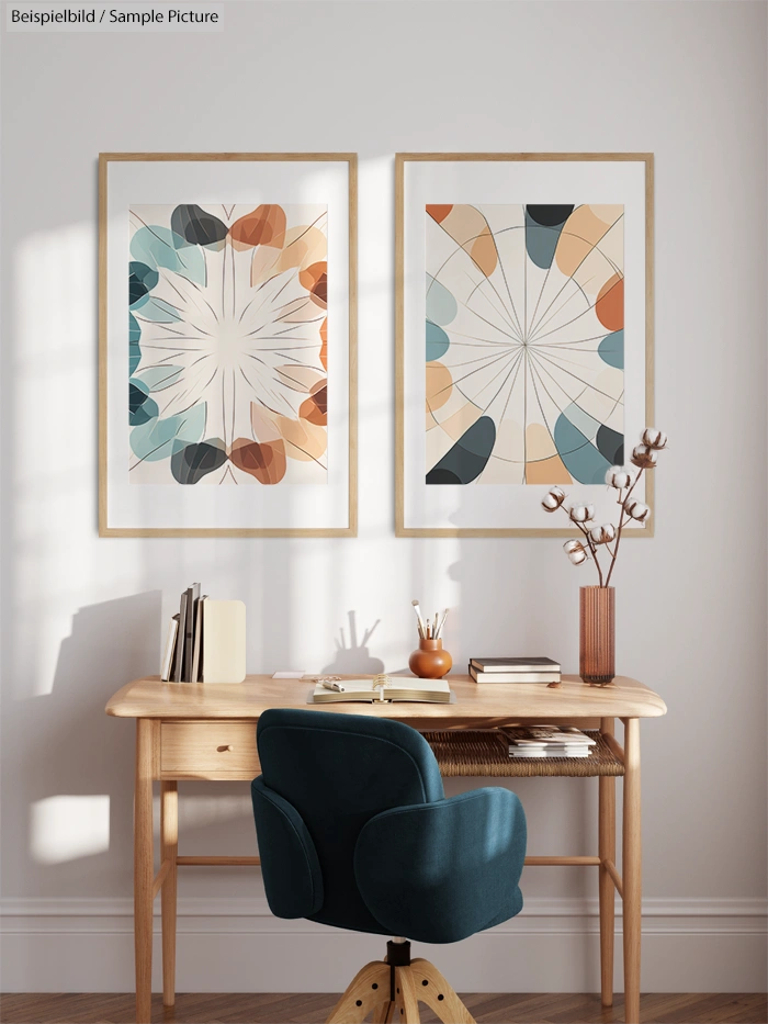 Minimalistic home office with abstract art, wooden desk, vase with flowers, books, and a blue chair.