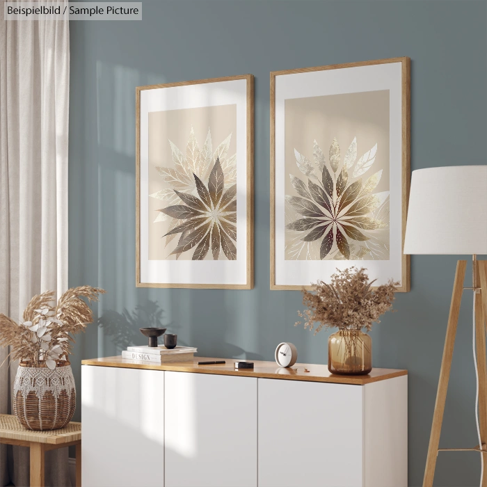 Modern living room with framed leaf art, white cabinet, dried plants, and floor lamp.