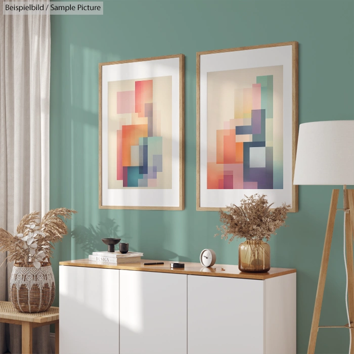 Modern living room with two abstract paintings, white console, decorative items, and a tall lamp against a teal wall.