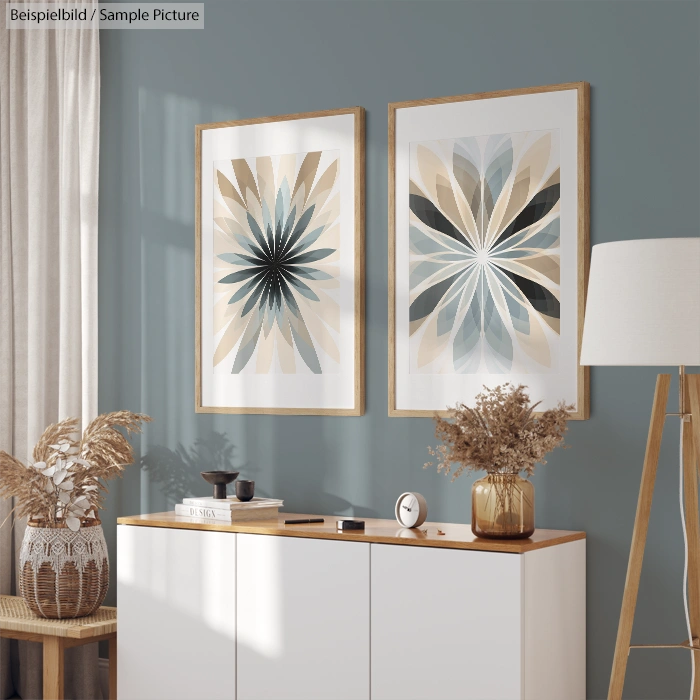 Interior with geometric art, white cabinet, dried plant decor, and floor lamp against a blue-gray wall.