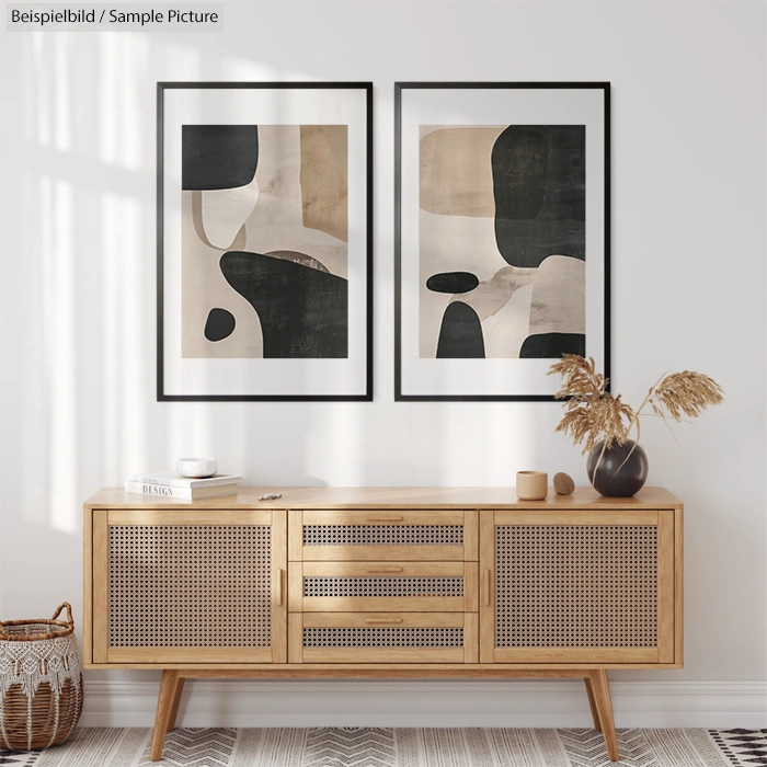 Minimalist living room with abstract art, light wood sideboard, dried flowers, and natural light from a window on the left.