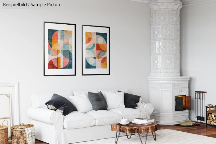 Modern living room with white sofa, abstract art, wooden table, and ornate fireplace.