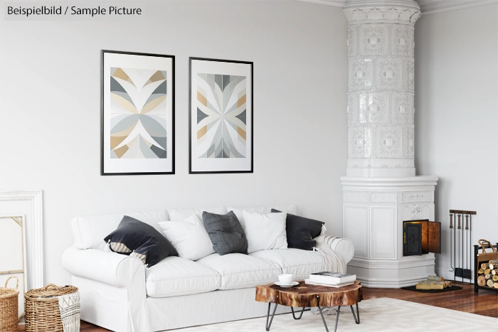 Modern living room with a white sofa, abstract wall art, and a rustic wooden coffee table.