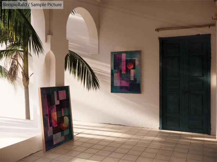 Sunlit Mediterranean room with abstract paintings on walls, arched windows, and potted palm.