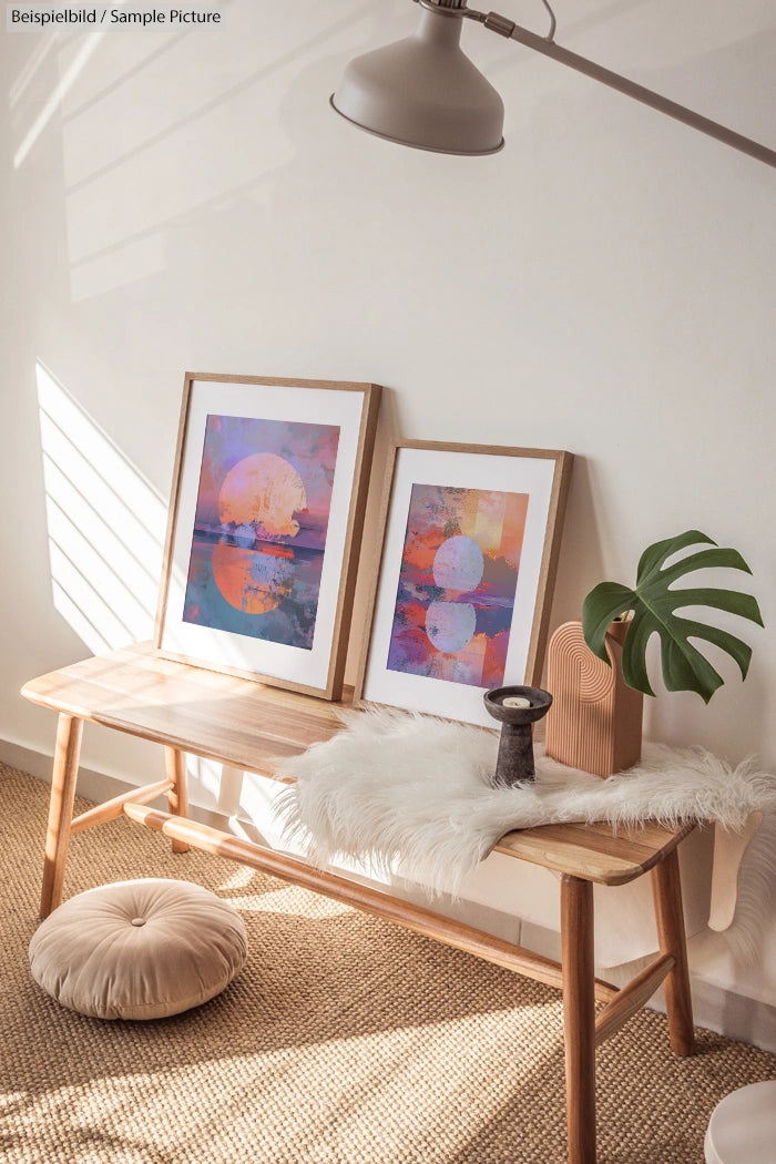 Minimalist room with two abstract art prints, wooden bench, fluffy rug, and potted plant on woven mat flooring.