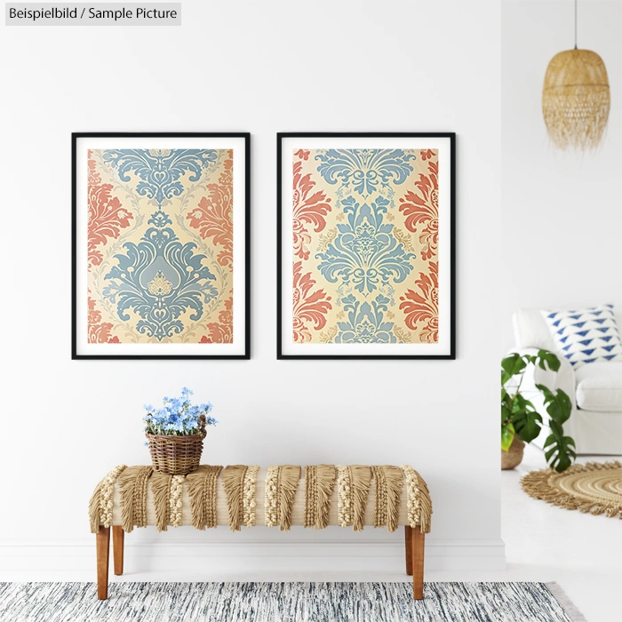 Room with two ornate patterned prints on wall, textured bench with woven plant basket, and white chair with throw pillow.