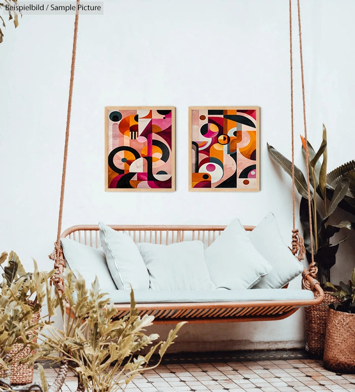 Modern abstract art prints on a wall above a woven swing seat with cushions, surrounded by green plants; indoor decor.