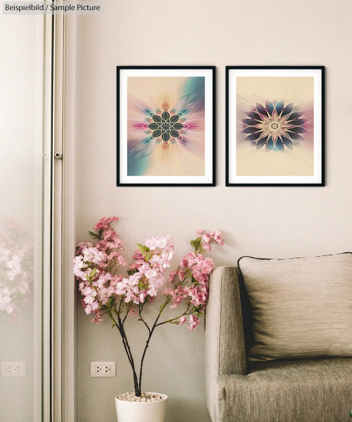 Modern living room with floral art, pink flowers, and a beige sofa.