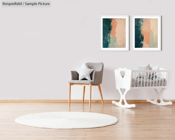 Minimalist nursery with grey chair, cradle, abstract art, and soft decor.