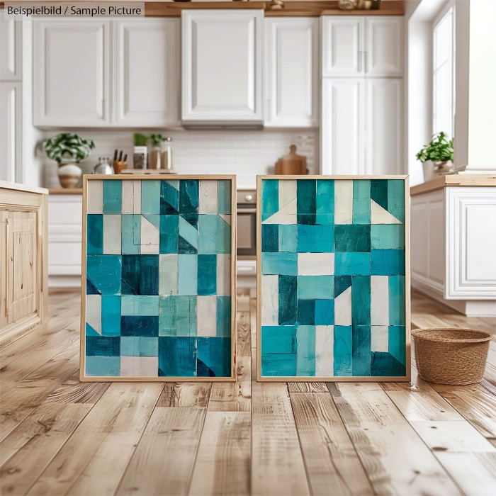 Two geometric teal paintings on wooden floors in a bright kitchen with white cabinetry and wooden accents.