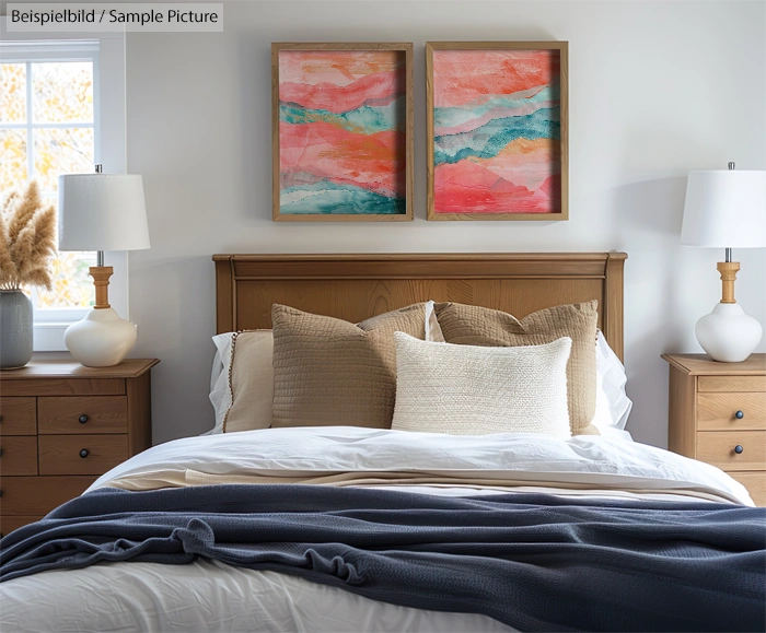 Modern bedroom with wooden furniture, colorful abstract paintings above bed, and two table lamps on bedside cabinets.