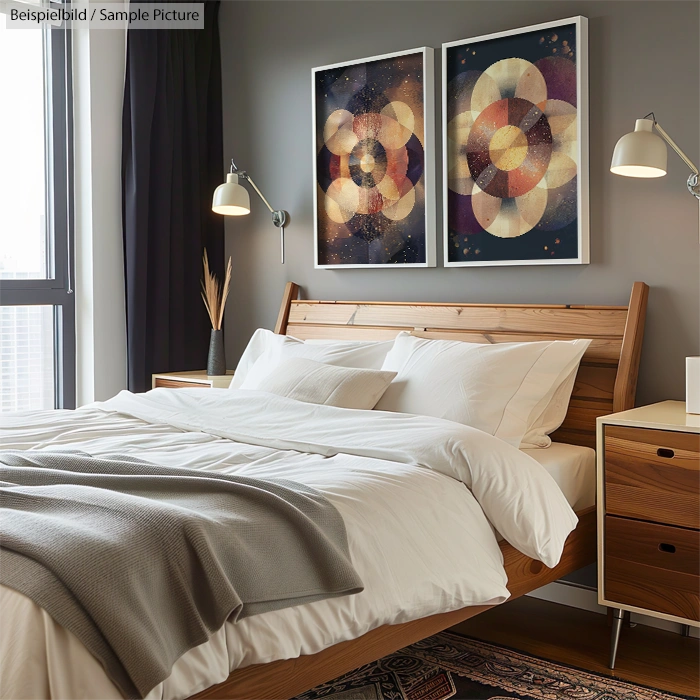 Modern bedroom with wooden bed and abstract geometric art on walls.