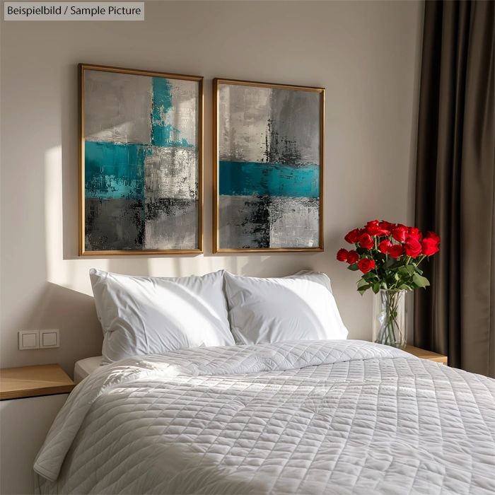 Modern bedroom with abstract teal and gray paintings above a neatly made bed with white linens and red roses on bedside.