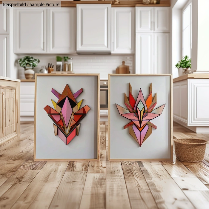 Modern kitchen with wooden floor, featuring two framed geometric art pieces leaning against white cabinets.