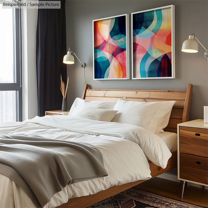 Modern bedroom with wooden bed, white bedding, abstract artwork, and natural light from large windows.