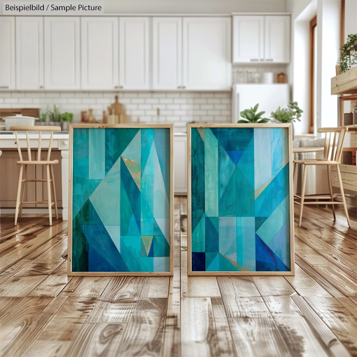 Two abstract teal and blue geometric paintings in wooden frames placed on a wooden floor in a modern kitchen.