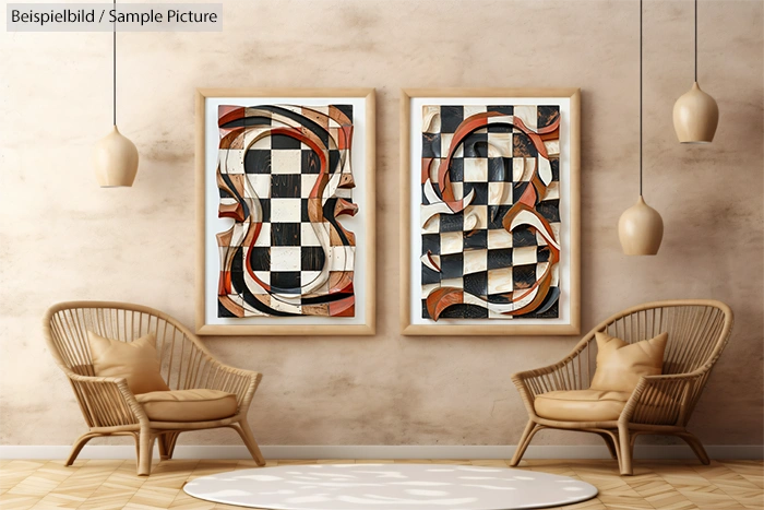 Two abstract paintings with chessboard patterns in modern living room with wicker chairs and pendant lights.