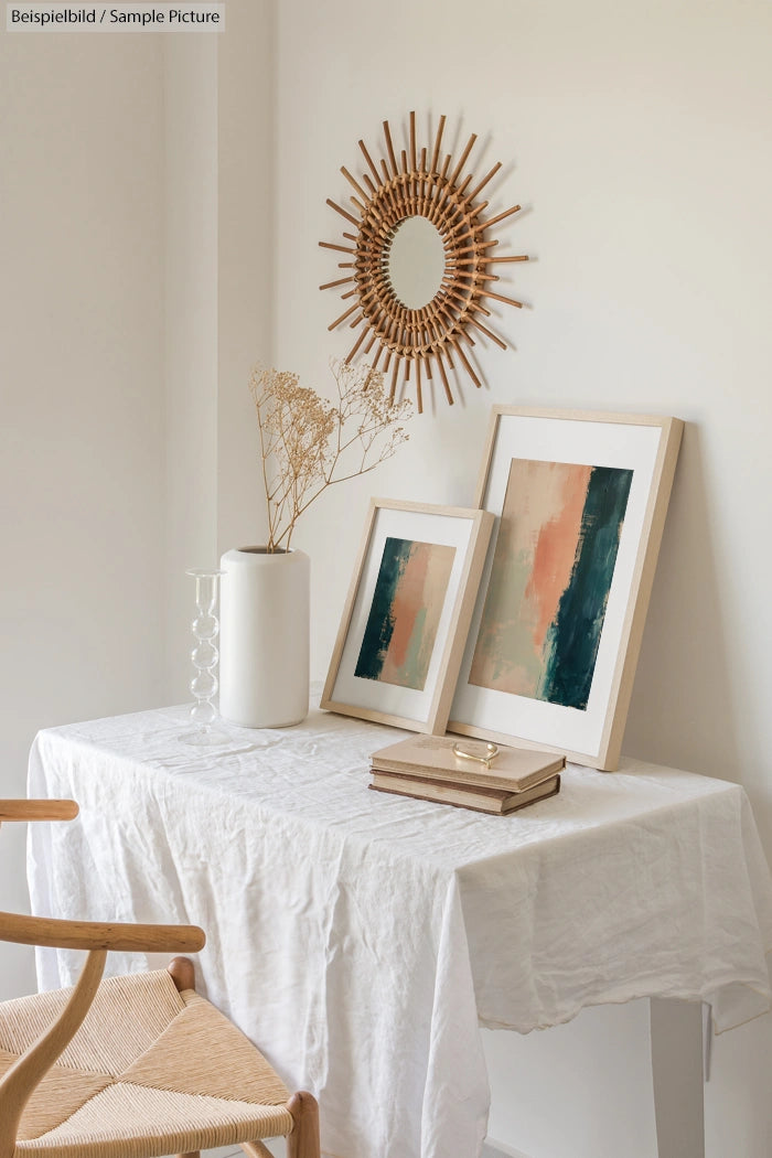 Minimalist room with white tablecloth, two abstract paintings, wooden sunburst mirror, dried flowers in a vase, and woven chair.