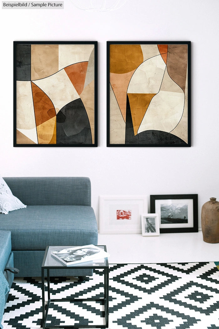 Living room with abstract art, gray sofa, geometric rug, and minimalist decor, featuring framed wall art in earth tones.