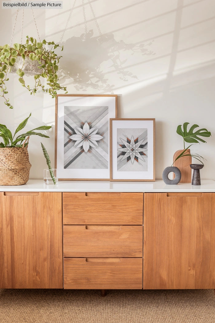 Wooden sideboard with decorative potted plants and framed geometric art in a minimalist room setting.