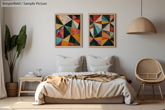 Modern bedroom with two abstract geometric paintings, neutral tones, rattan chair, and a potted plant.