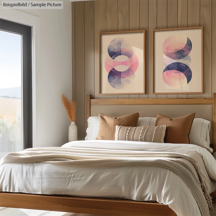 Modern bedroom with a wooden bed, neutral bedding, and abstract art on the walls. Natural light from a large window.