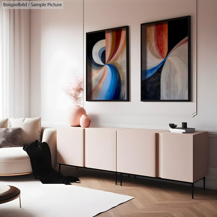 Modern living room with abstract art, pink sideboard, and cozy white sofa in minimalistic style.