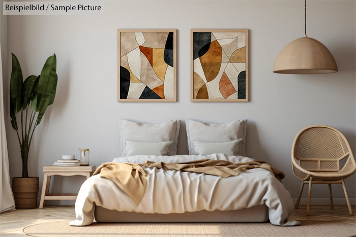 Cozy bedroom with abstract art, beige bedding, and potted plants, creating a warm, inviting atmosphere.