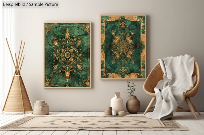 Modern interior with two green and gold abstract paintings, wicker chair, and decorative vases on wooden floor.