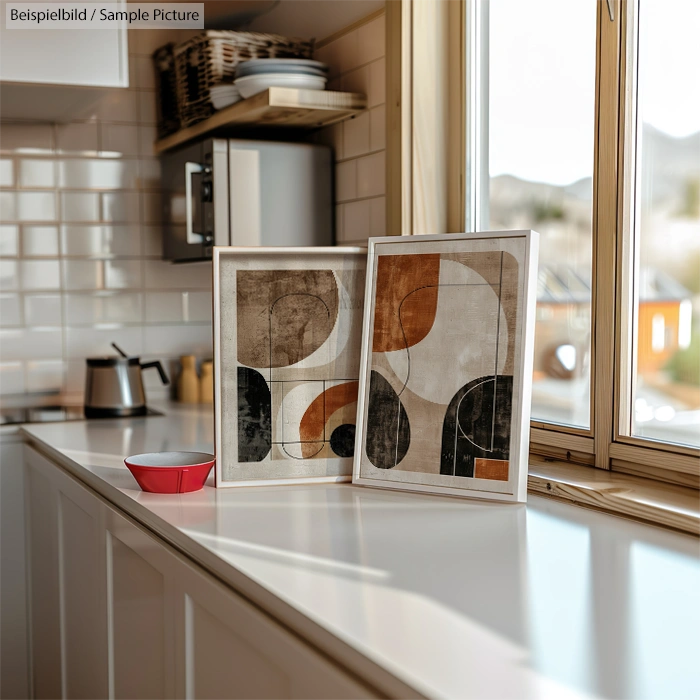 Modern kitchen with abstract art frames on white countertop, wooden shelves, and large window with natural light.