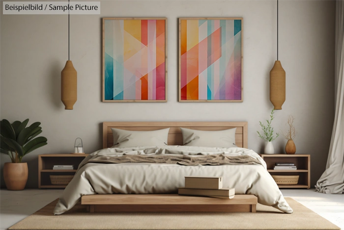 Modern bedroom with abstract art, wooden furniture, and minimalist decor.