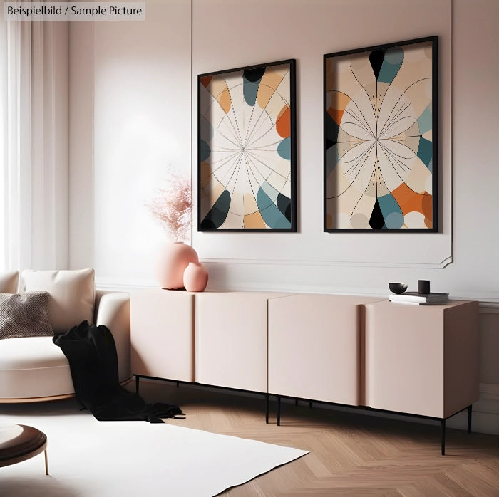 Modern living room with abstract art, neutral tones, and sleek furniture.