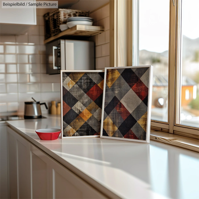 Two framed geometric art prints on a kitchen counter near a window, with a red bowl and kettle in the background.